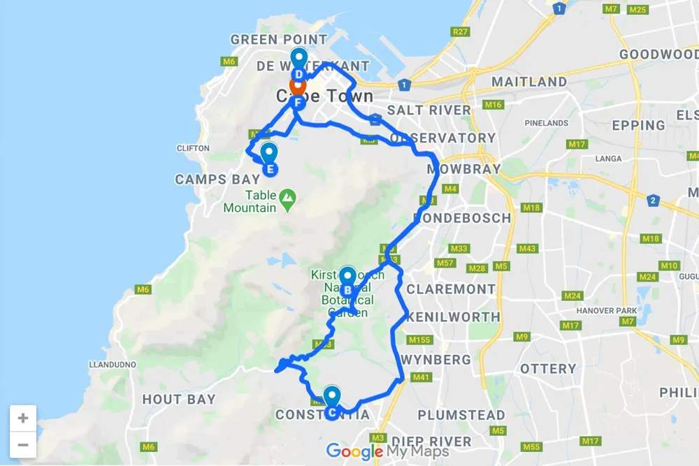 Map of the attraction to visit on the day one of your Cape Town itinerary