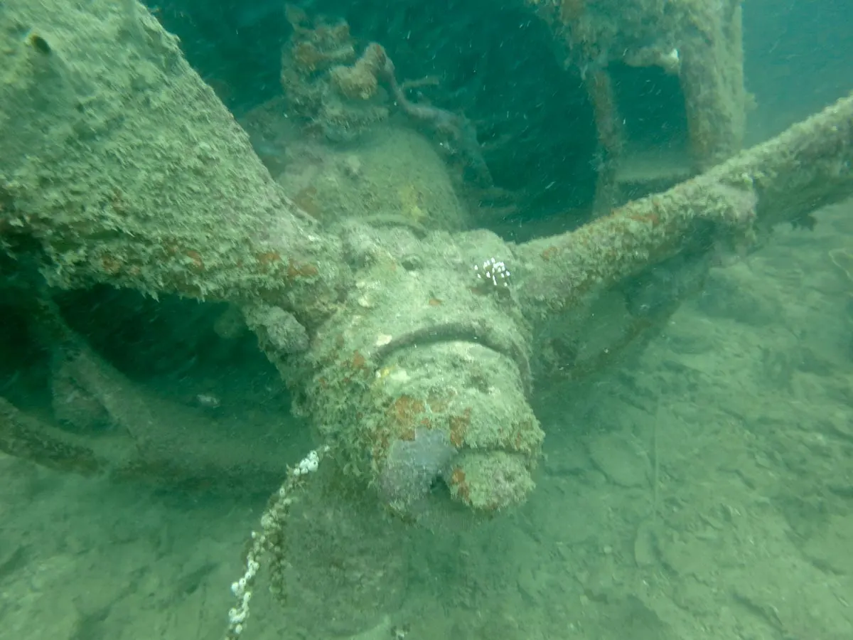 propeller of airplane underwater on a dive