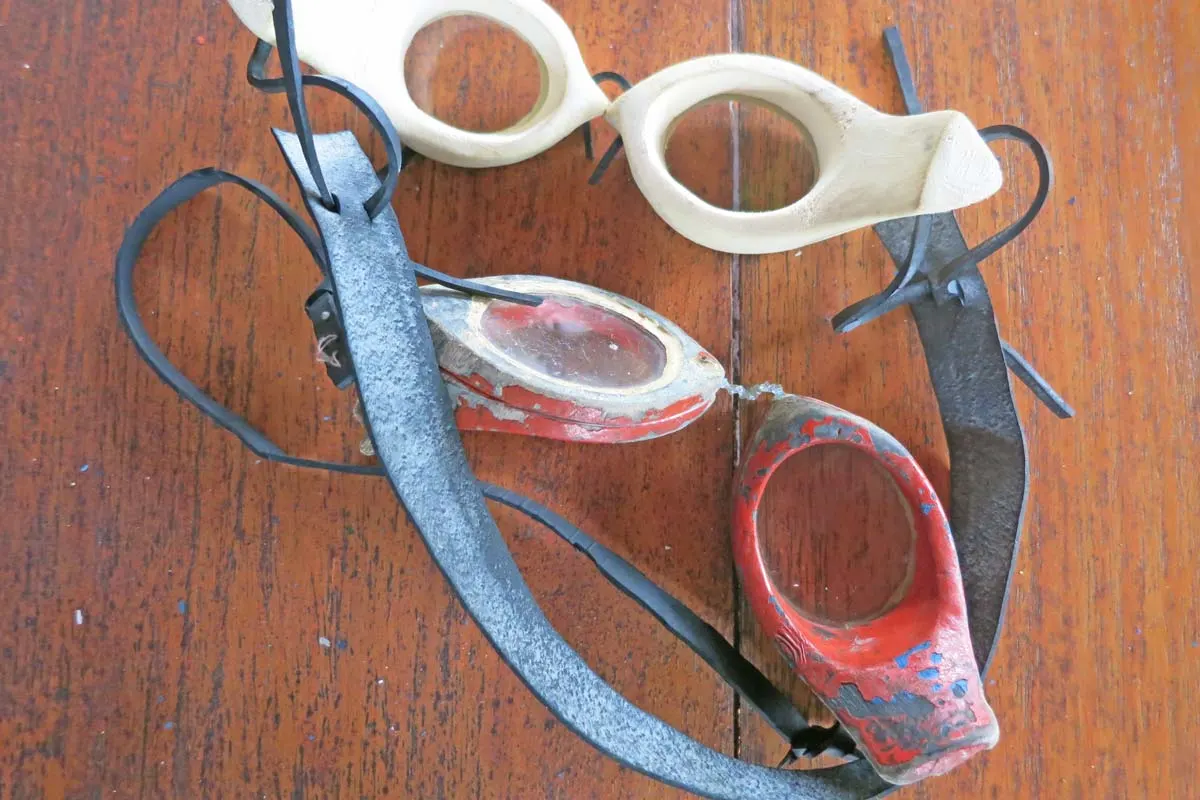 handmade wooden googles with glass lenses