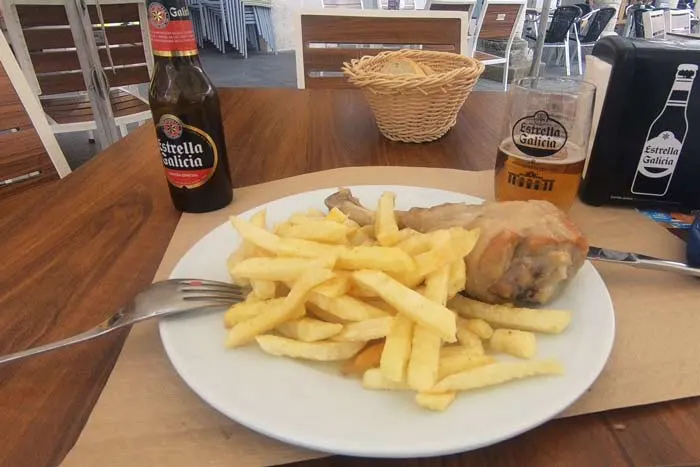 A main course (fires and a turkey leg) of one of the menu del dia that I had on the Camino Frances