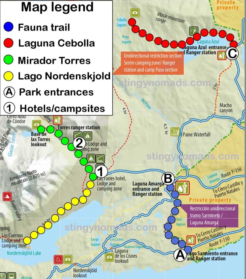 16 Amazing day hikes in Torres - Map Day Hikes East Side Torres Del Paine 848x960