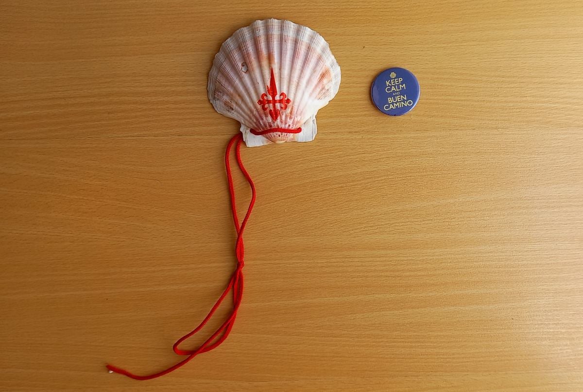Galician Scallop Shell with red cross and red rope for hanging