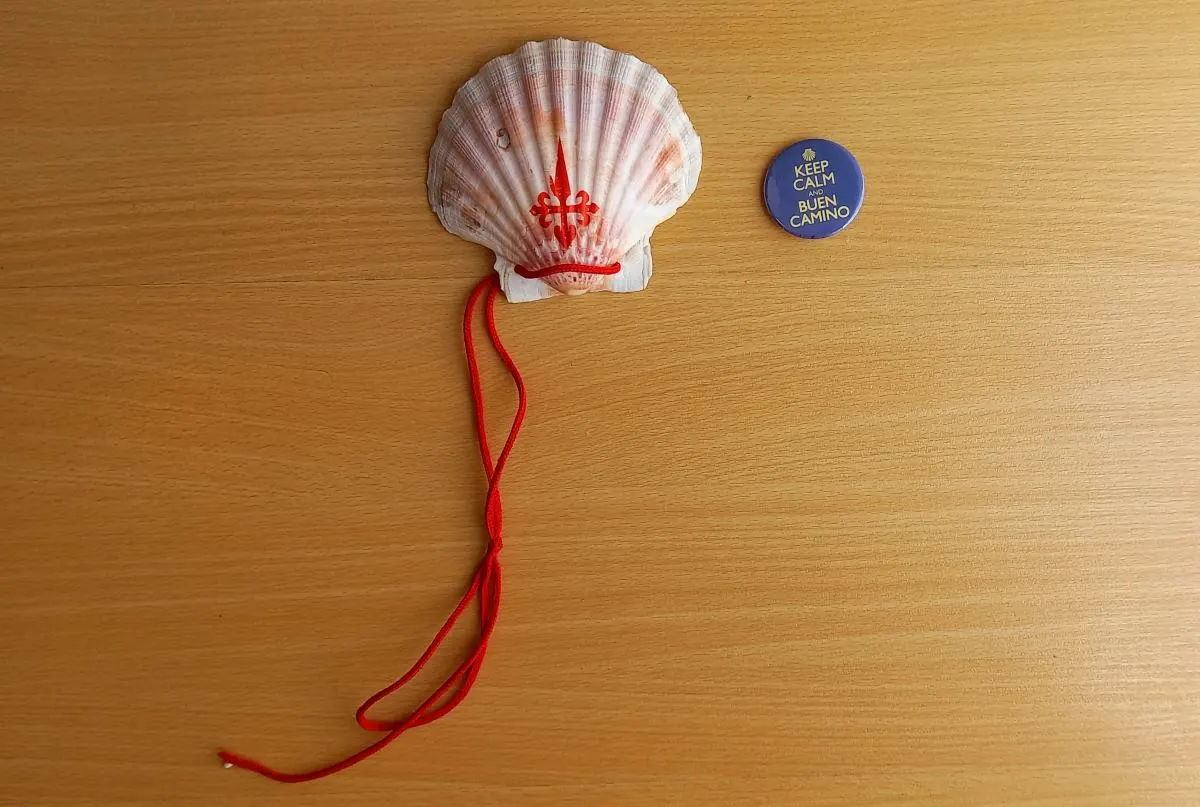 Galician Scallop Shell with red cross and red rope for hanging