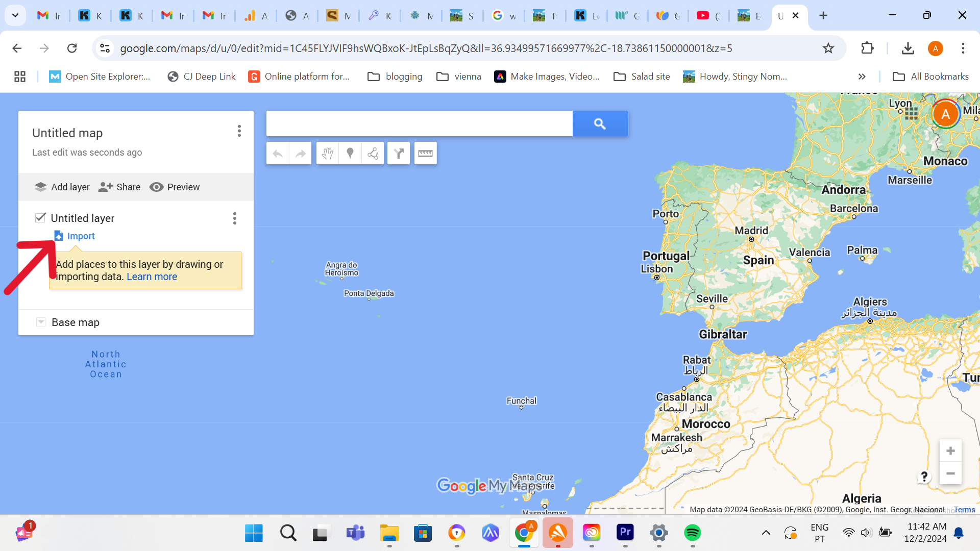 Google MyMaps screen to import file