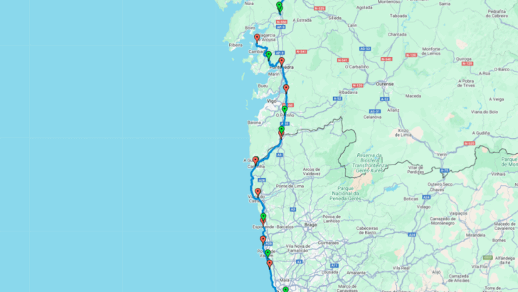 Camino Portuguese combined route - Coastal, Central, Litoral Route with Spiritual Way on Google Maps
