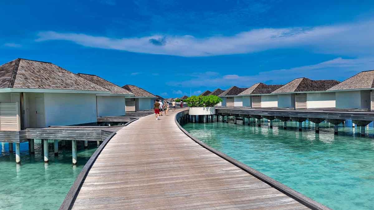 overwater bungalows with a raised wooden deck leading to each house