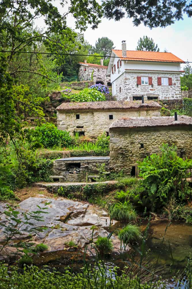 Old stone houses on the side of the hill by the river surrounded by the lush green forest