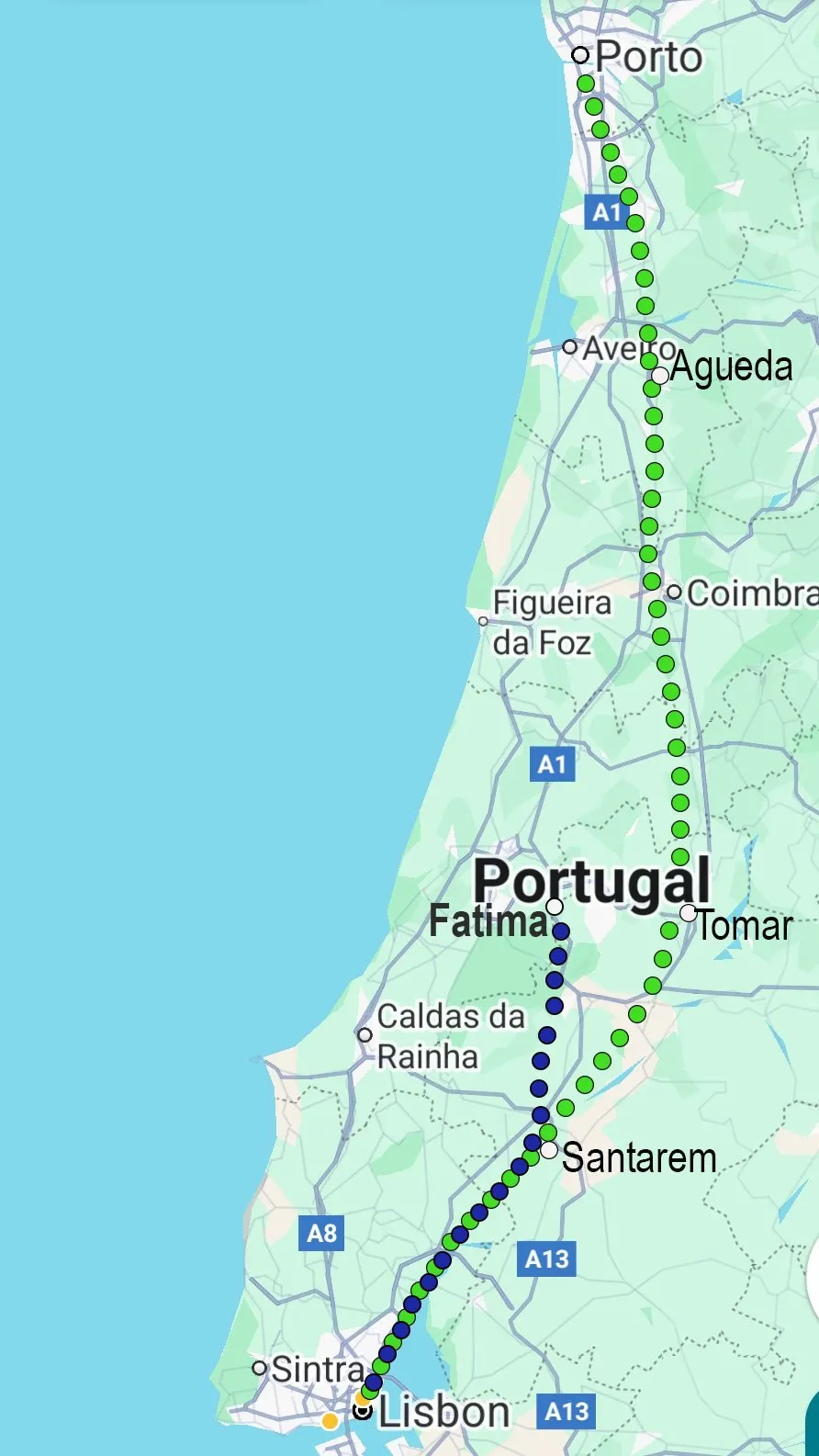 A map with the Portuguese Camino from Lisbon to Porto route and the Camino de Fatima from Lisbon