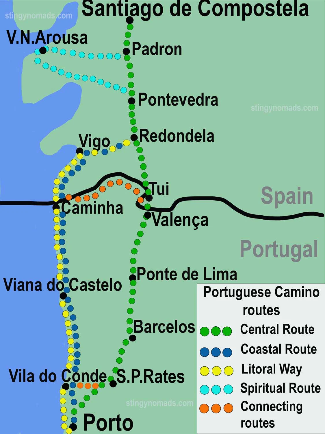 A map with all the routes of the Portuguese Camino from Porto