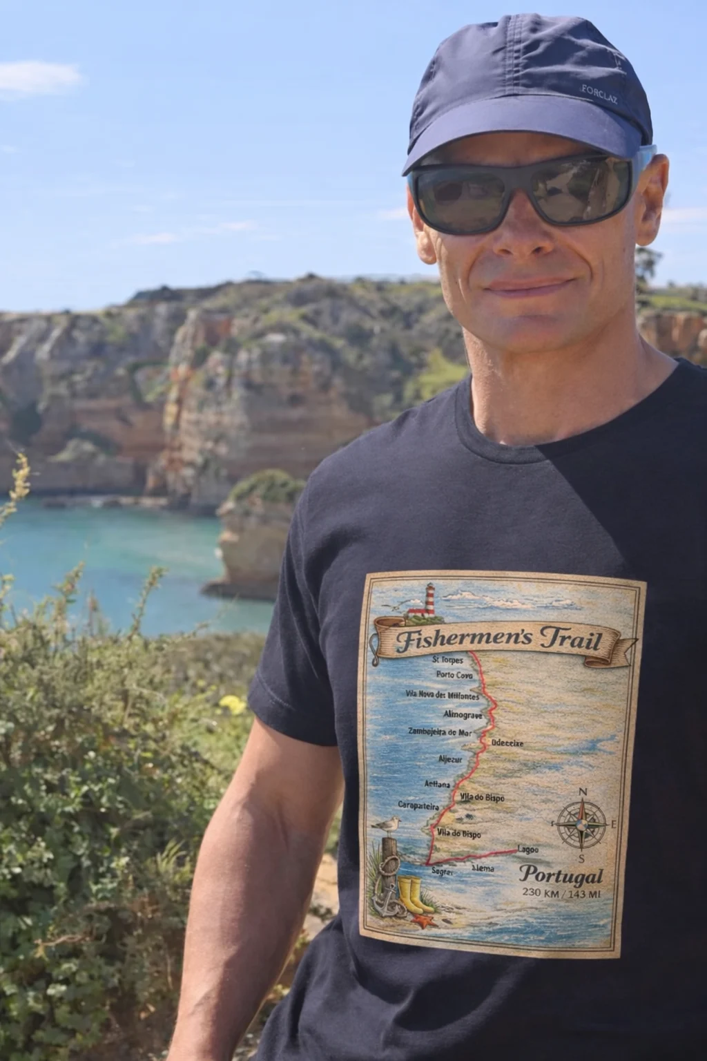 man wearing t-shirt with map of fishermen's trail print