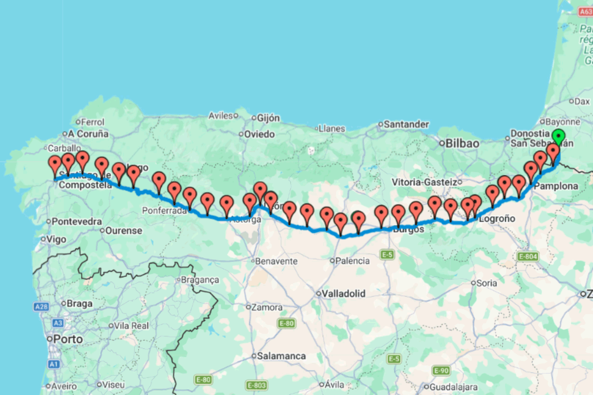 Google Maps Camino Frances St Jaen Pied de Port to Santiago de Compostela