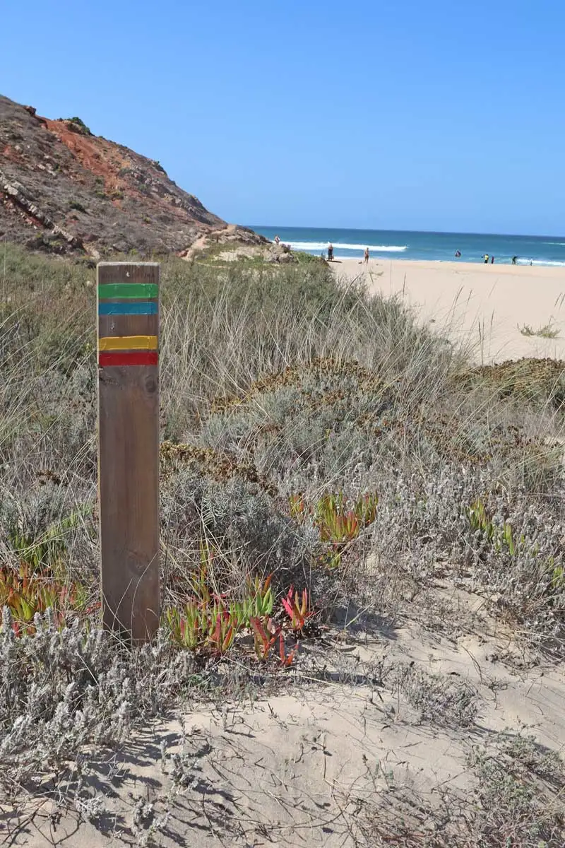 pole with blue and green and yellow and red markings with the ocean in the background