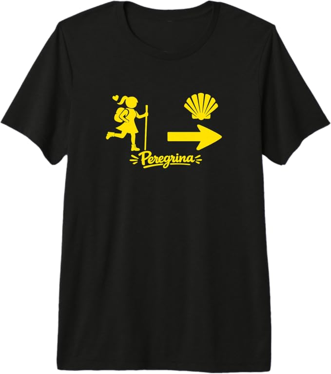 t-shirt with girl walking, camino arrow and shell