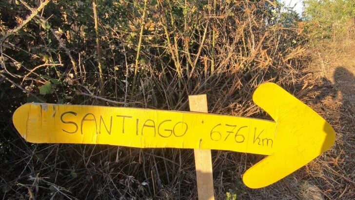 A traditional Camino yellow arrow on the Camino Frances