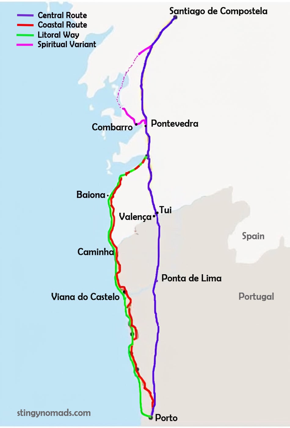 map of central, coastal and litoral routes and spiritual variant on camino portuguese