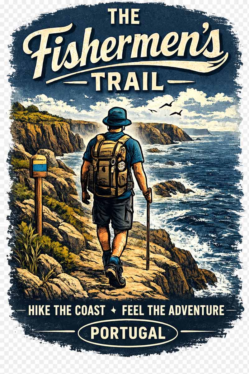 drawing of man hiking on the cliffs of the Fishermen's trail next to the ocean