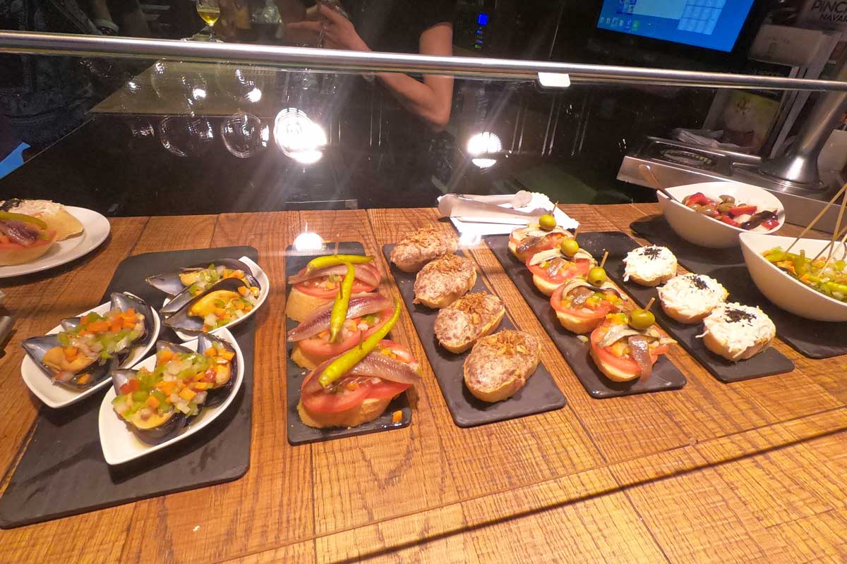 Rows of pintxos in a bar in Logro&ntilde;o