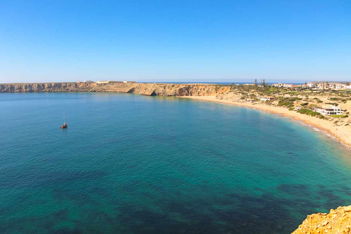 A view of Mareta Beach and the coast from the cliffs in Sagres