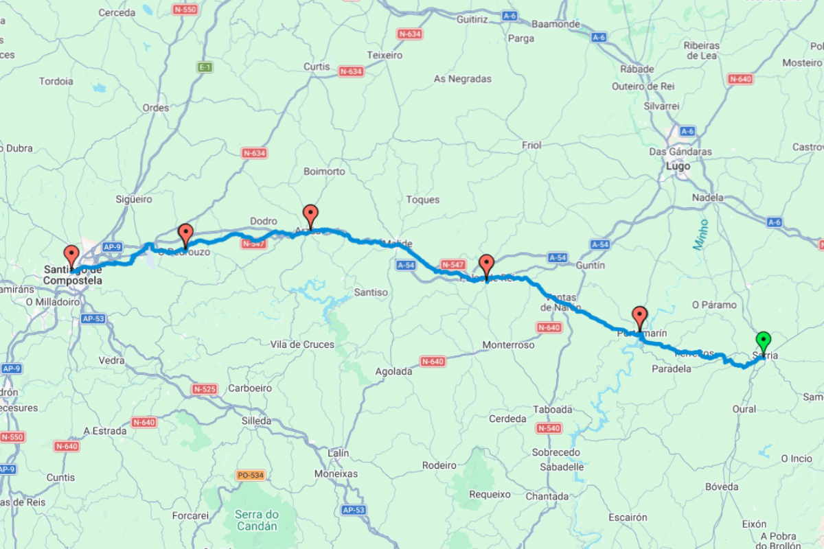 Google maps Sarria to Santiago de Compostela