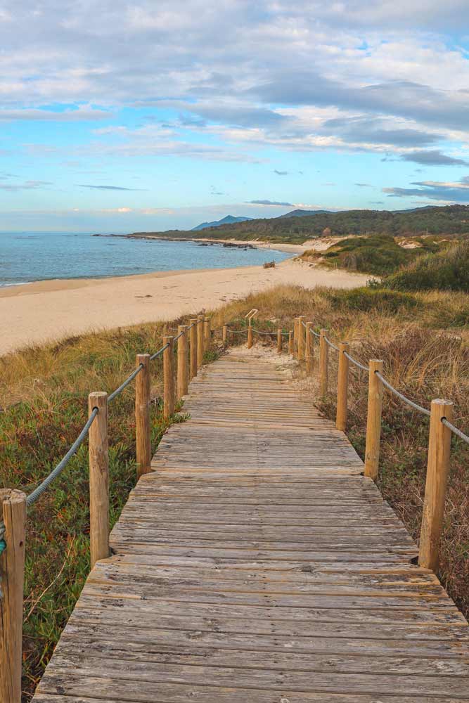 Wooden walkway along the sandy coast on the Litoral route of the Portuguese Camino