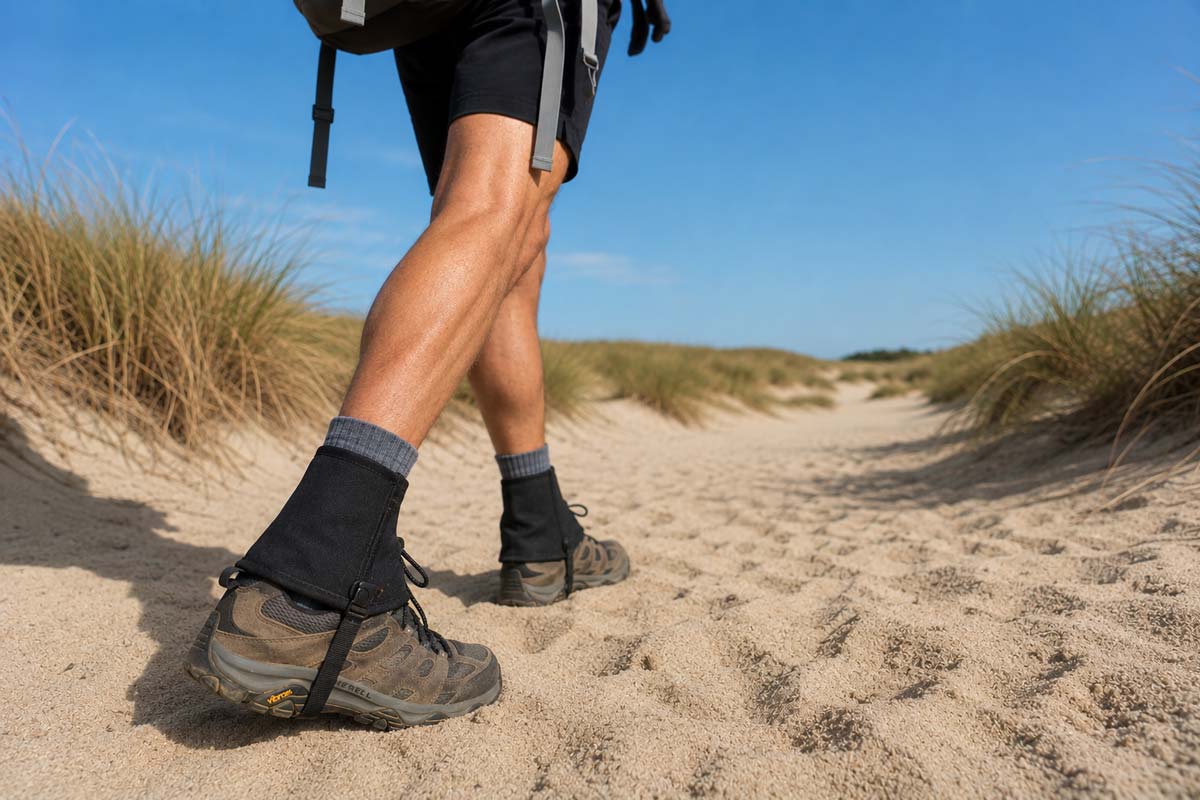 short gaiters over low hiking shoes hiking in the sand