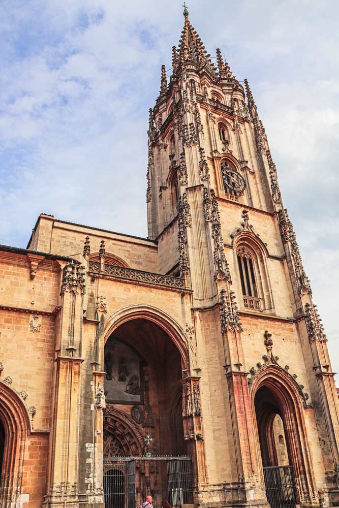The front facade and the tower of San Salvador Cathedral in Oviedo, Spain