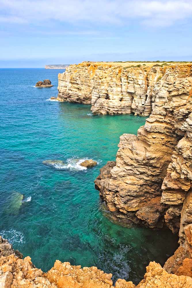 Dramatic yellow cliffs and turquoise sea at Cabo de Sao Vicente