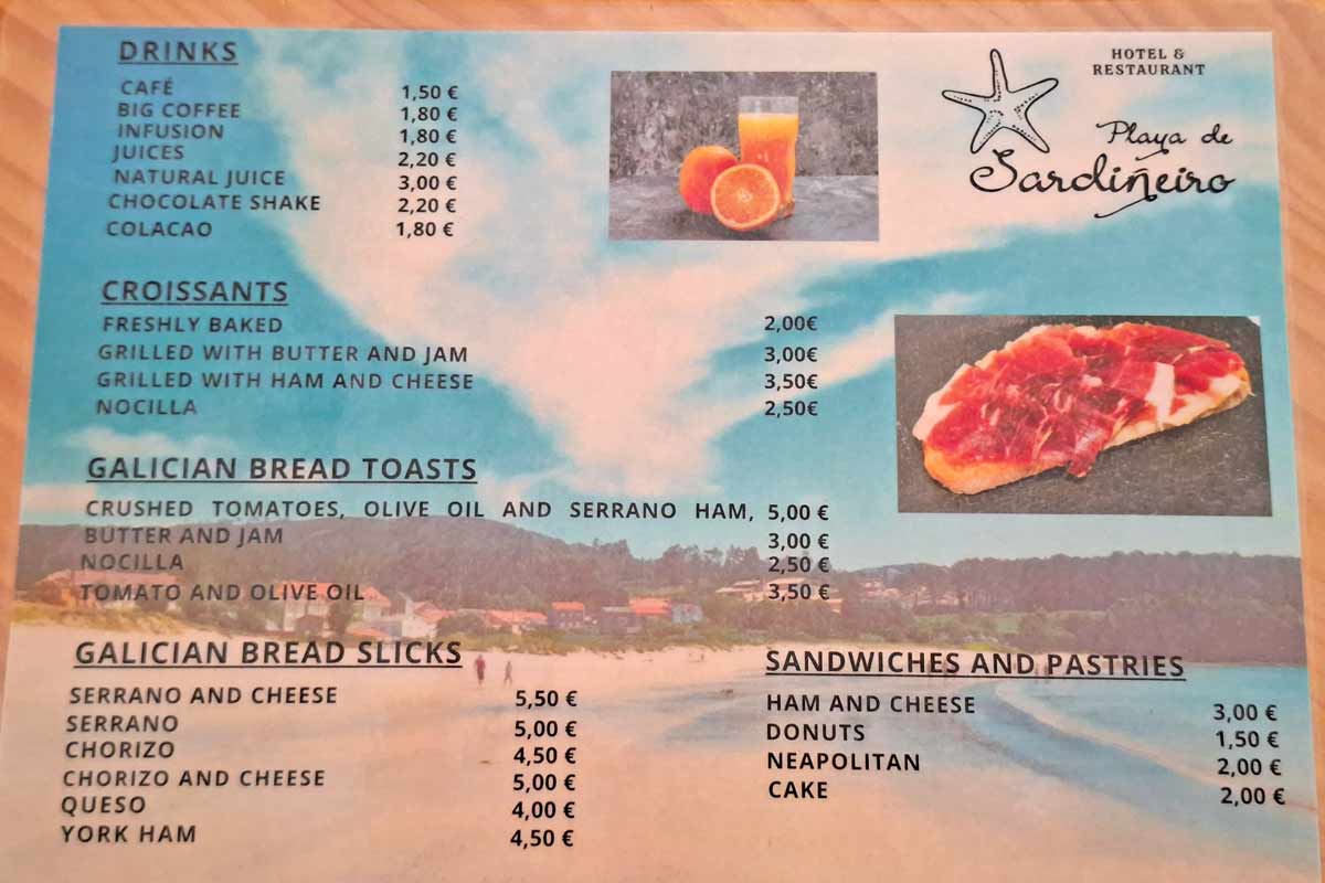 A breakfast menu from a cafe with prices of drinks and sandwiches and snacks