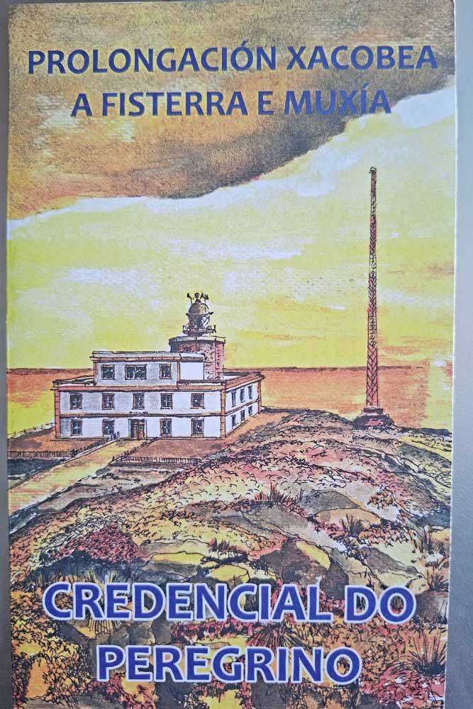 A pilgrim's passport for the Camino Finisterre with a picture of Cape Finisterre lighthouse