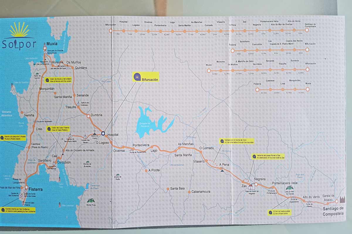 A map with the Camino route from Santiago to Muxia and Finisterre
