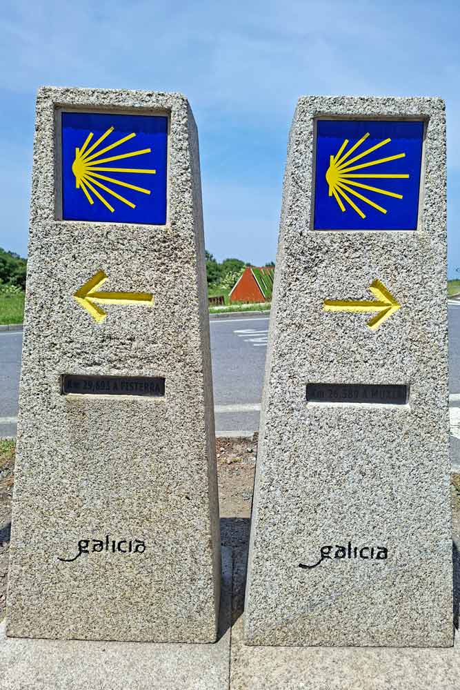 Two stone poles mark the split on the Camino Finisterre