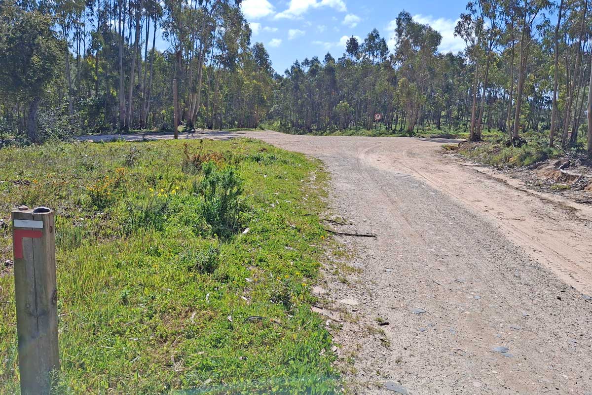 gravel road with red and white rota vicentina sign