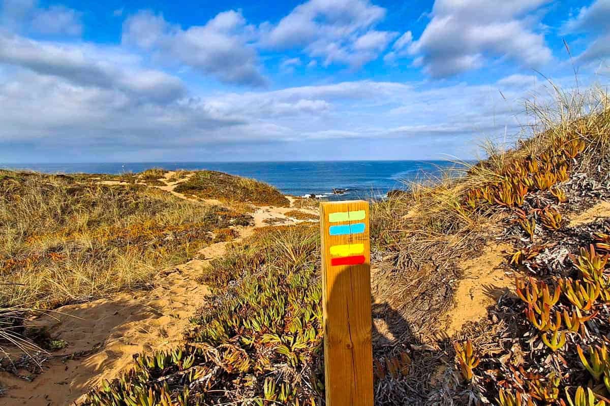 green and blue marker next to sandy trail with ocean in the background